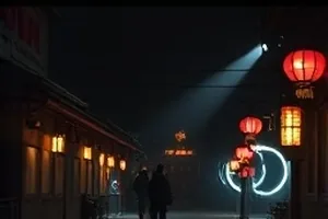 雾气笼罩的港口夜景剧照，三道探照灯光柱扫过水面